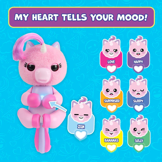 Fingerlings Mimi pink LED heart glows to hint fortune and mood.