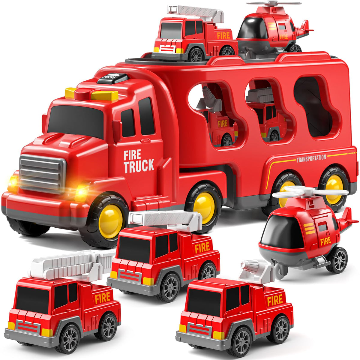 JUKUDAHU fire carrier truck front view for imaginative rescue play.