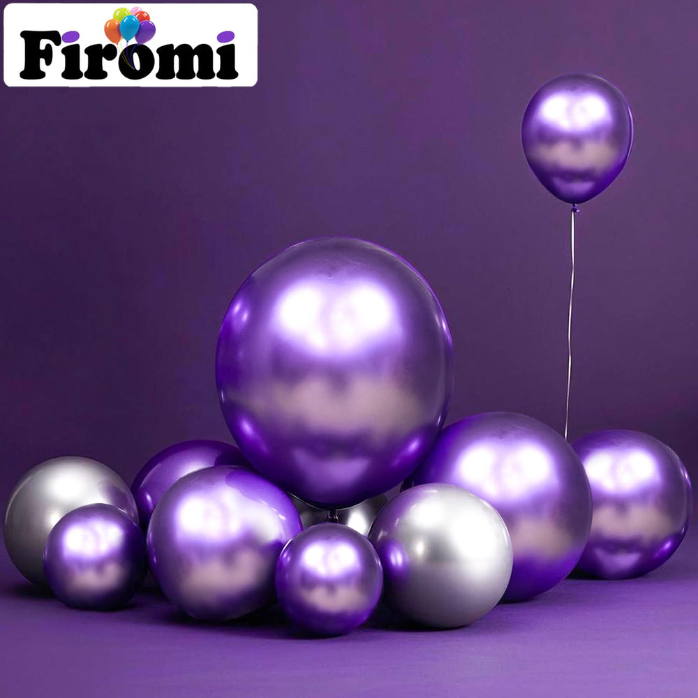 Firomi purple chrome latex balloons close-up highlighting the glossy finish.