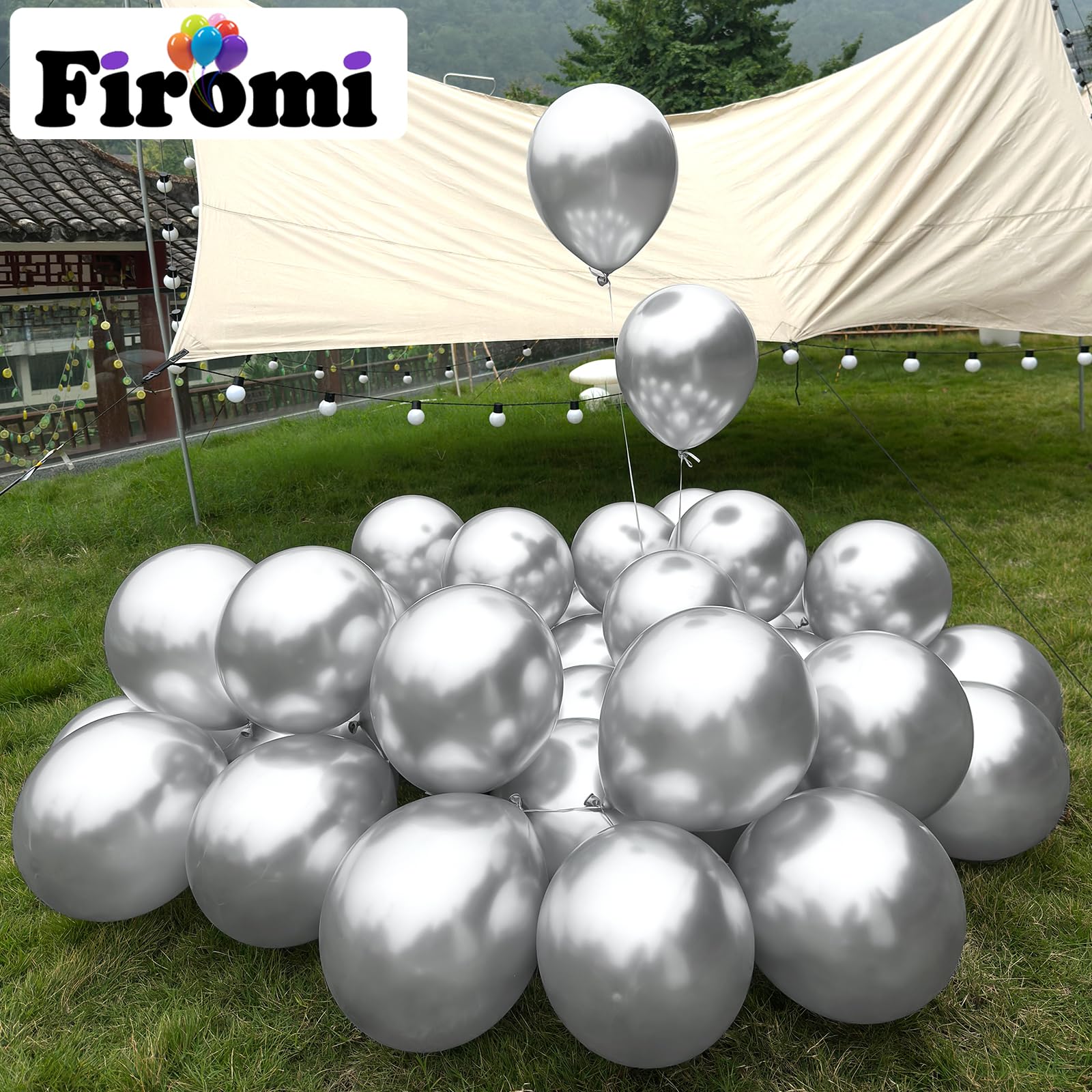 Firomi metallic chrome latex balloons close-up with glossy finish.