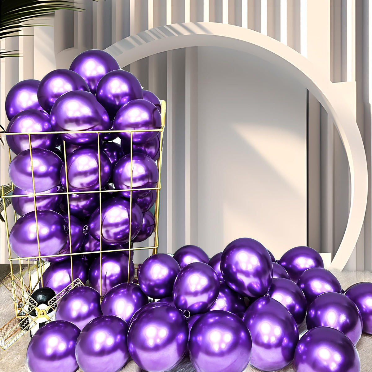 Firomi metallic purple 5-inch balloons in a 100-pack for versatile party decor.