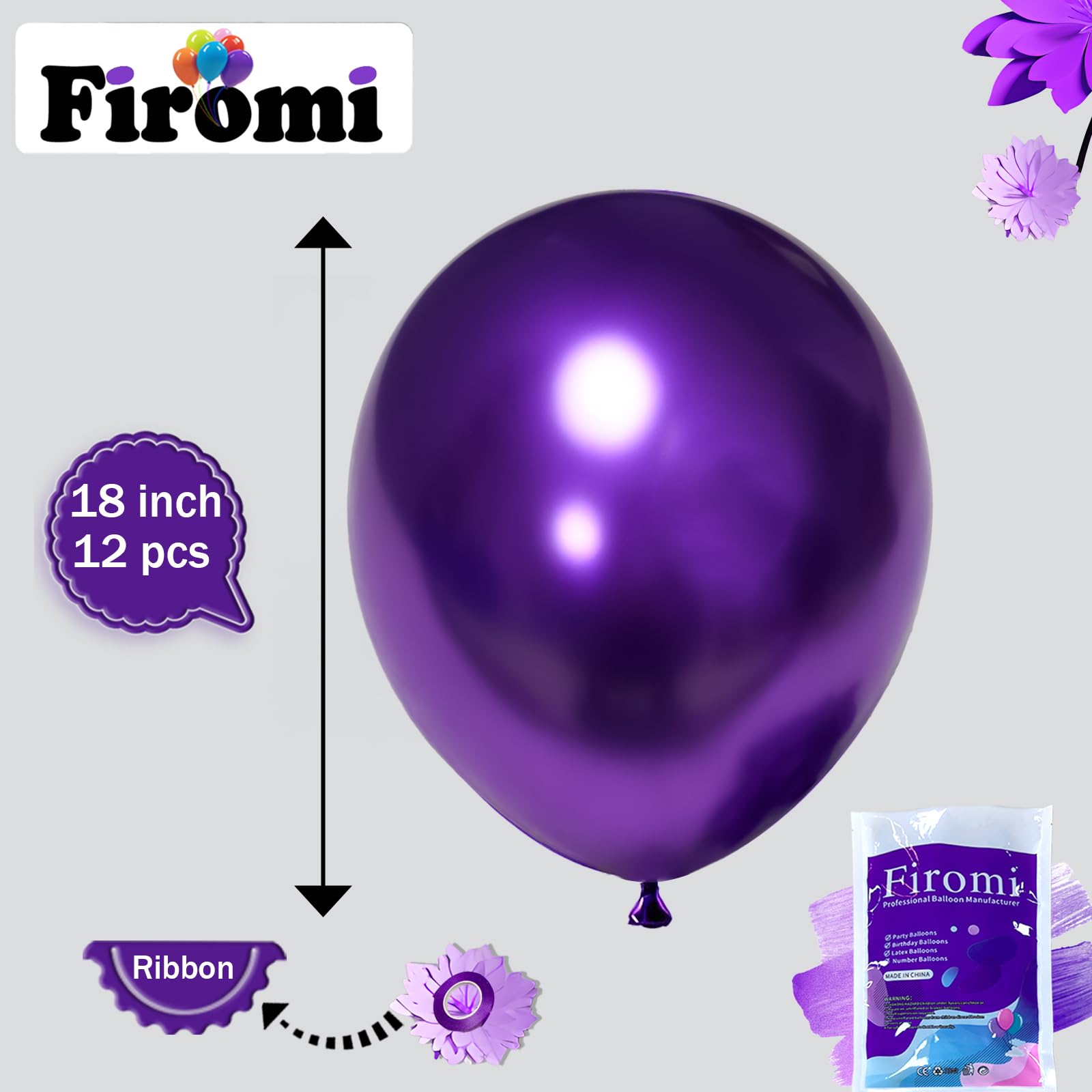 Firomi 18-inch chrome purple latex balloon close-up, thick and durable.