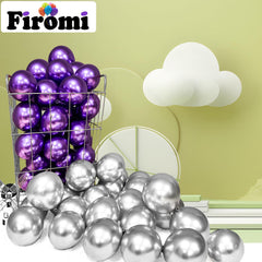 Firomi 5-inch silver balloons with ribbons included for quick setup.