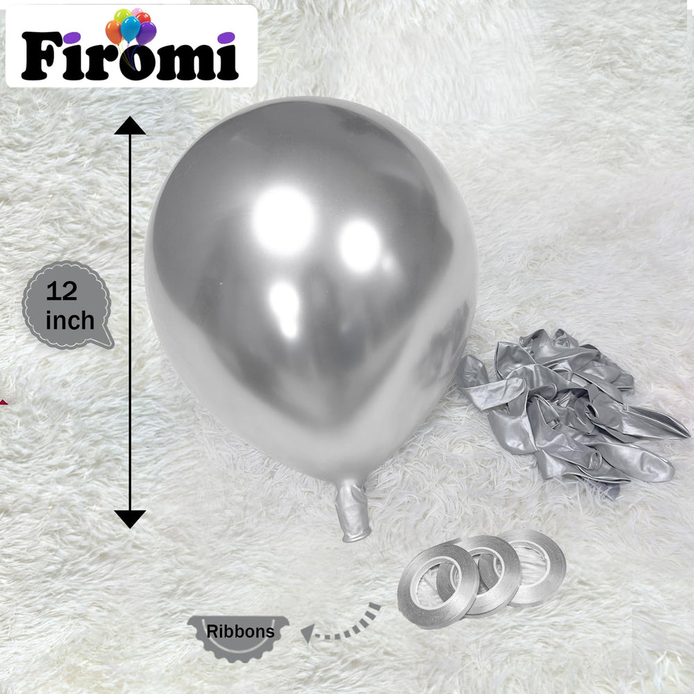Firomi silver balloon arch setup for weddings and birthdays.