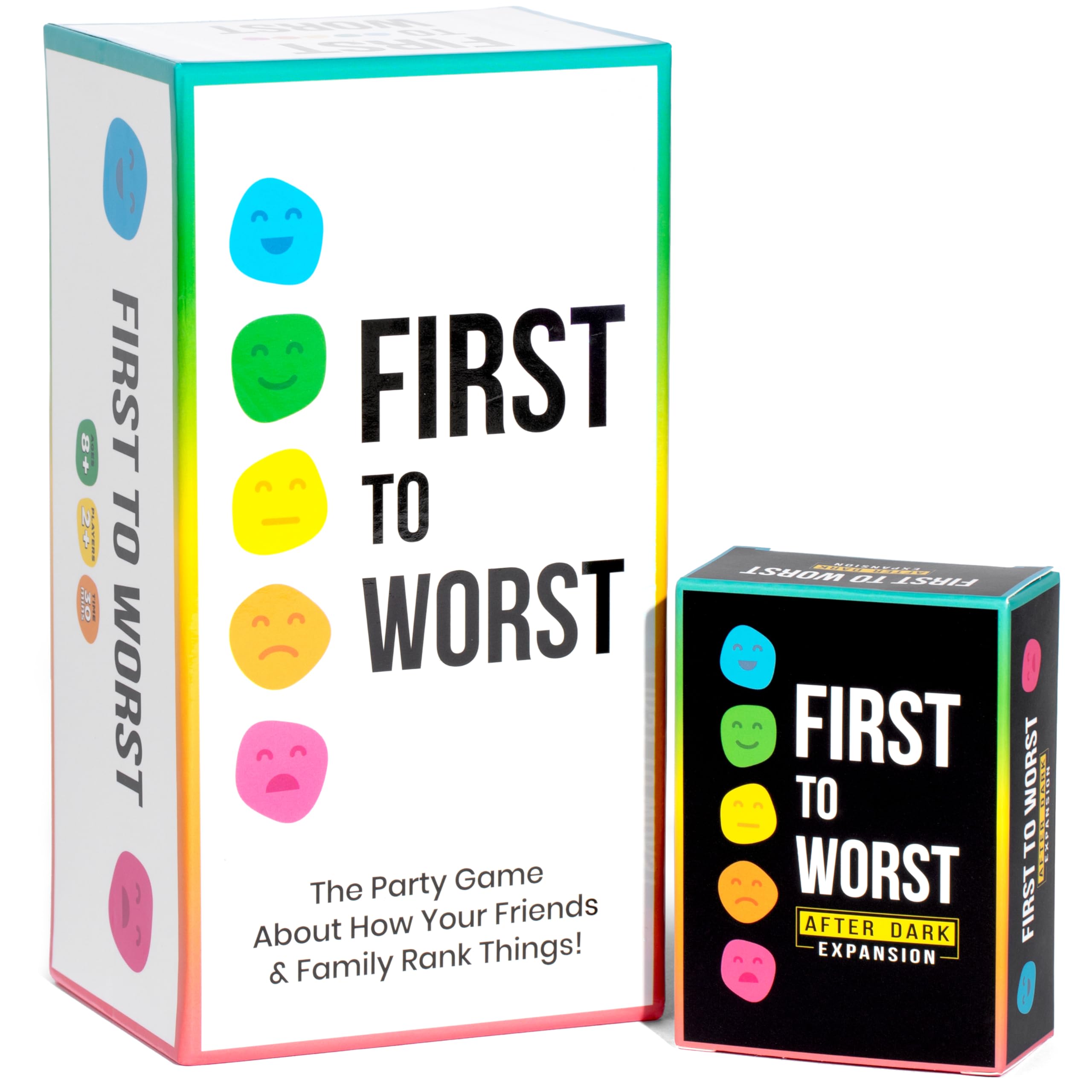 First to Worst box cover invites friends to a lively game night.