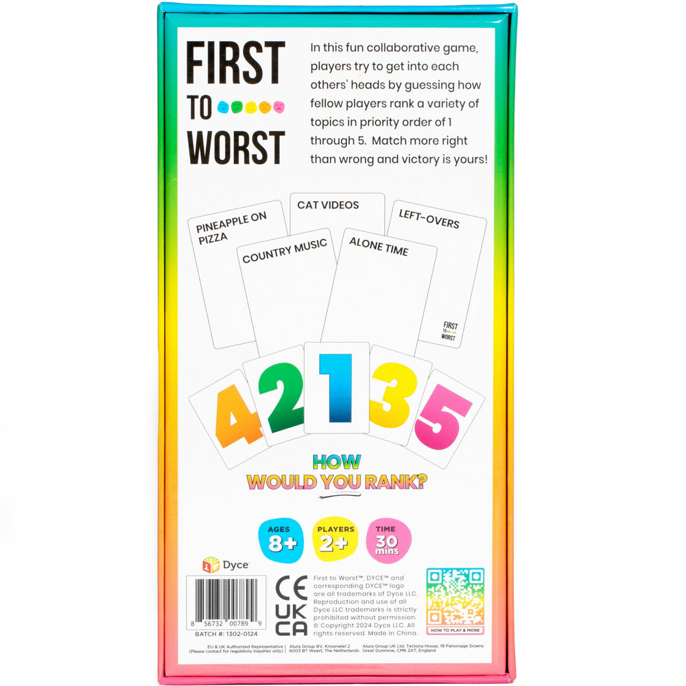 First to Worst card examples show provocative topics for ranking.
