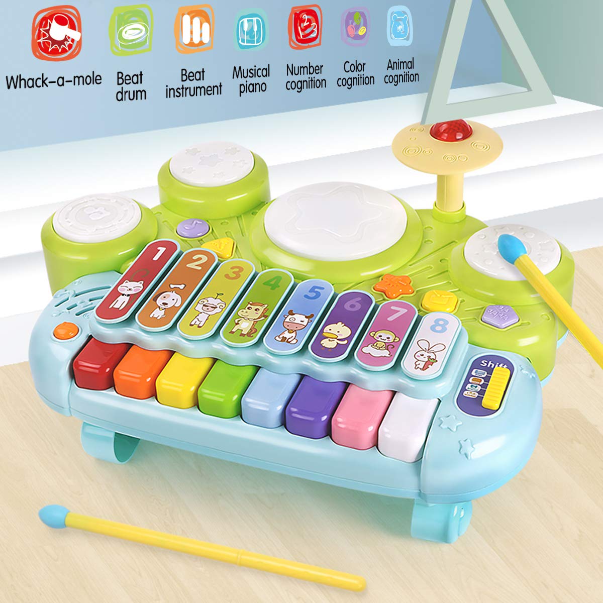 Fisca 3-in-1 drum set with lights for interactive rhythm practice.