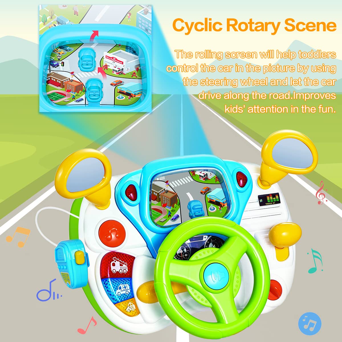 Fisca toddler steering wheel toy rolling road scene supports steering practice and quick responses