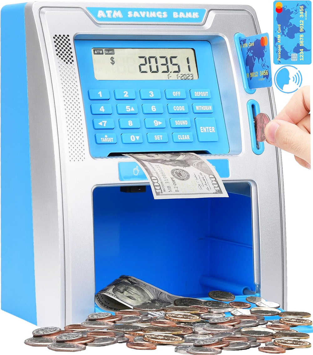 Fishboy ATM piggy bank blue-silver front view, kid-friendly savings tool.