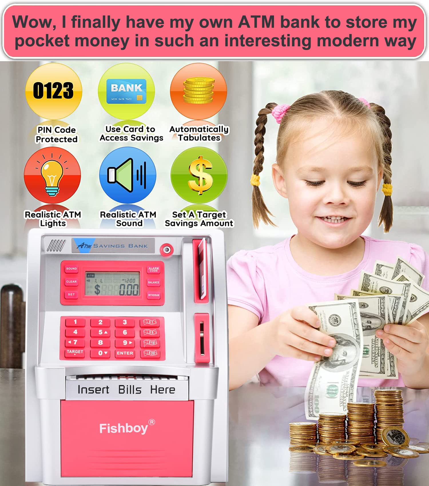 Fishboy Pink ATM Banknote Scroll allows easy deposits for children