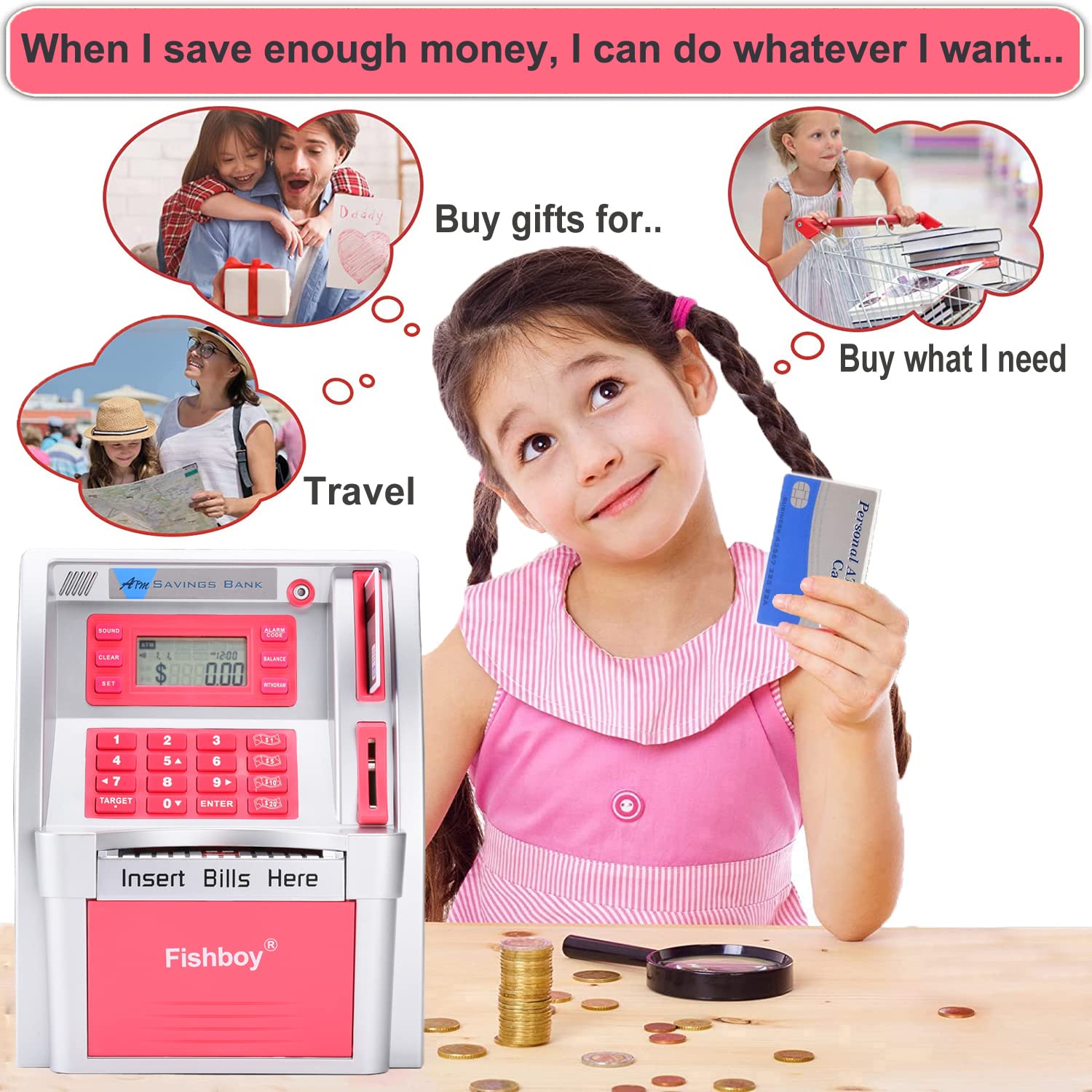 Fishboy Pink ATM Piggy Bank reads coins for automatic balance updates