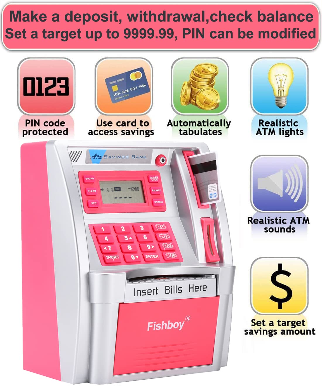 Fishboy Pink ATM Piggy Bank showing debit card access and PIN entry