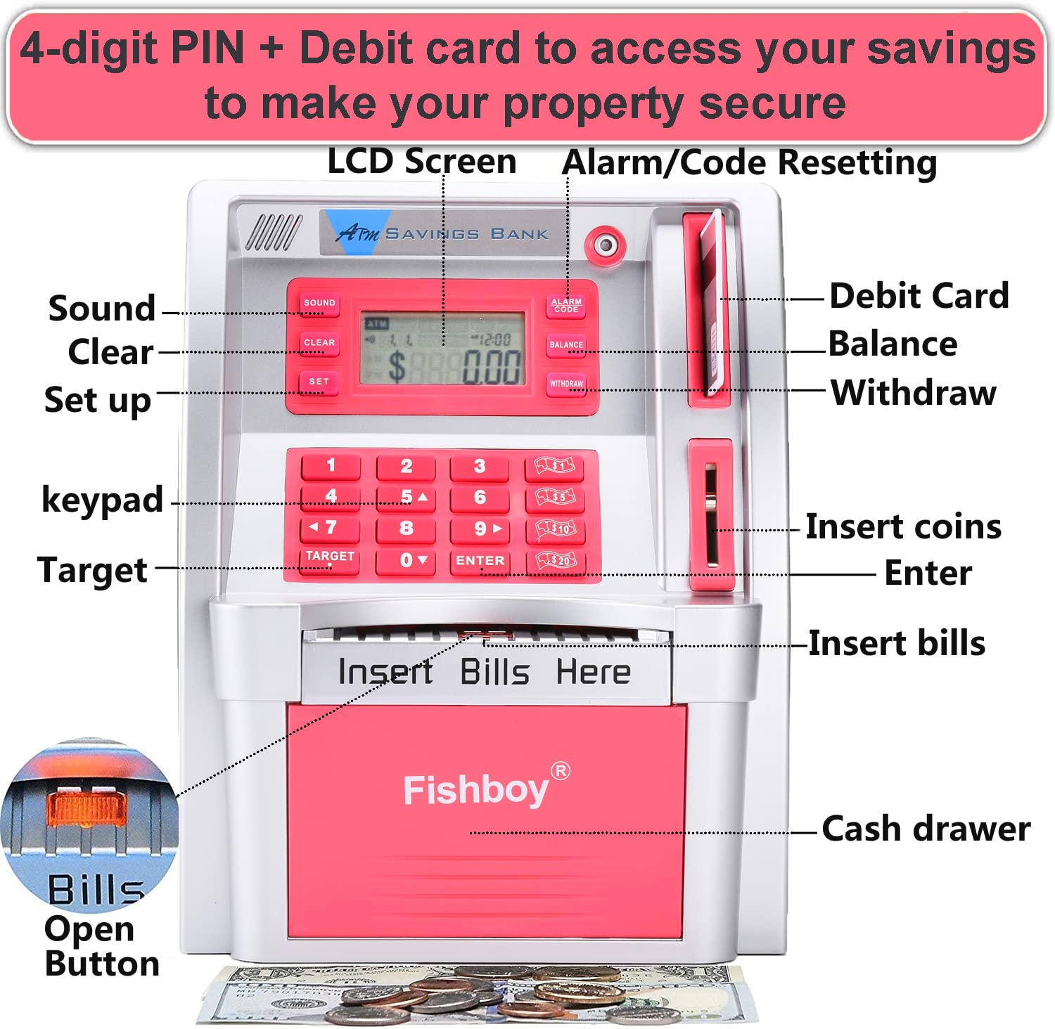 Fishboy Pink ATM Piggy Bank featuring onekey shutdown for quick power off
