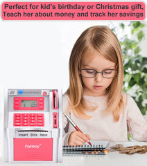 Fishboy Pink ATM Piggy Bank supports a savings goal up to 9999.99
