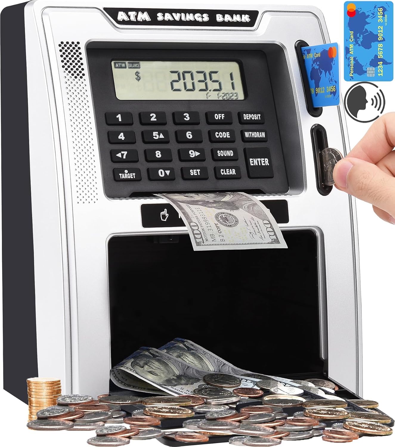 Fishboy Talking ATM Piggy Bank with auto-opening drawer for deposits.