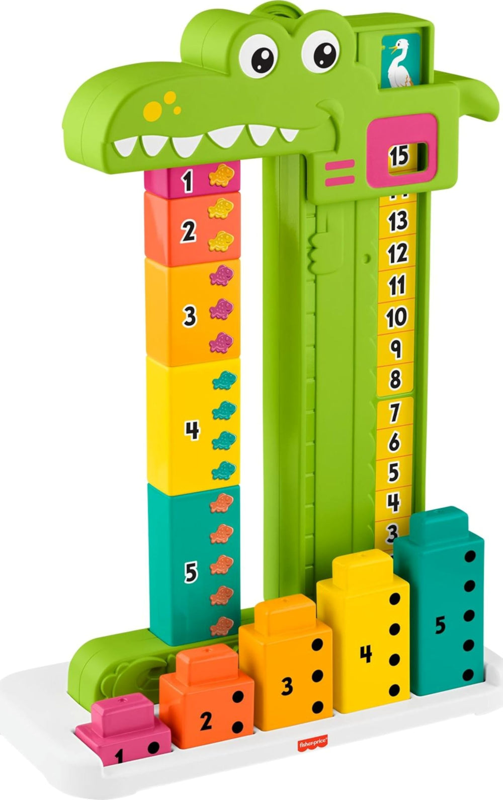 Fisher-Price Adding Alligator with stacking blocks promotes early counting during play.