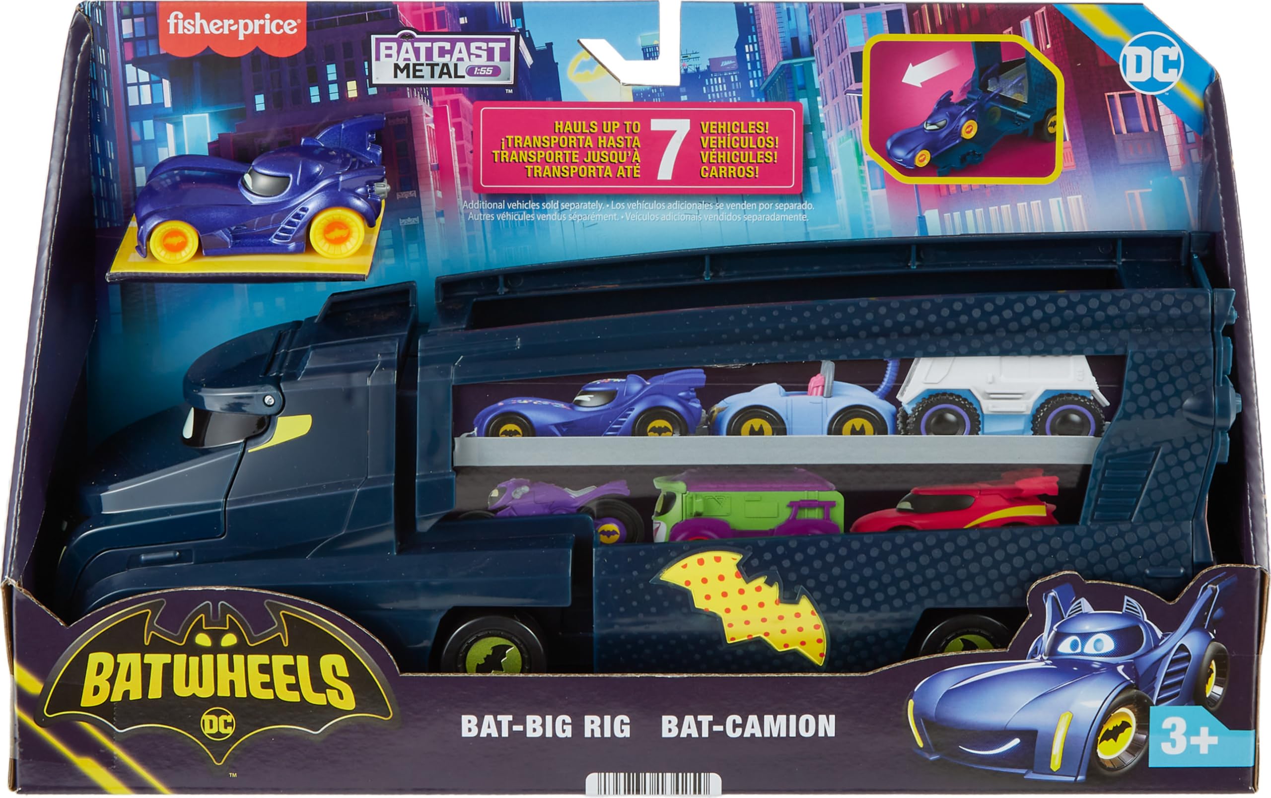 Fisher-Price Bat-Big Rig supports on-the-go fun with portable storage for vehicles.