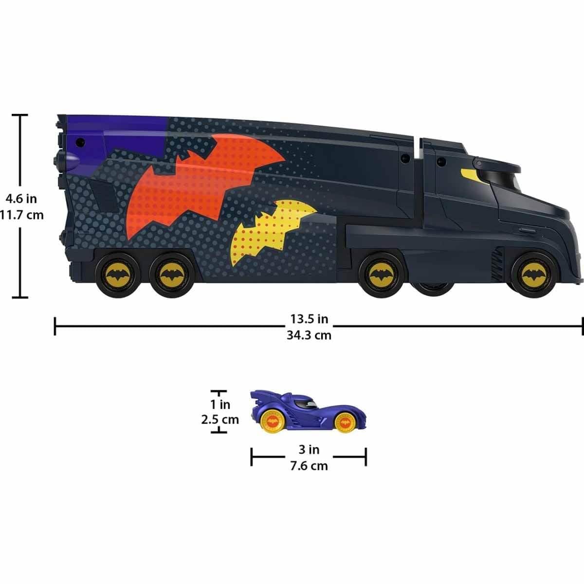 Fisher-Price Batwheels Bat-Big Rig trailer stores seven 1-55 scale cars securely.