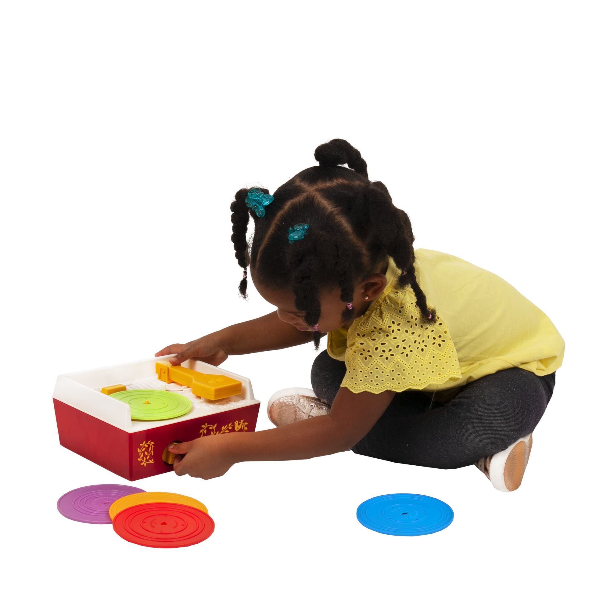 Bright colors on the Fisher Price Classics Record Player invite imaginative pretend play