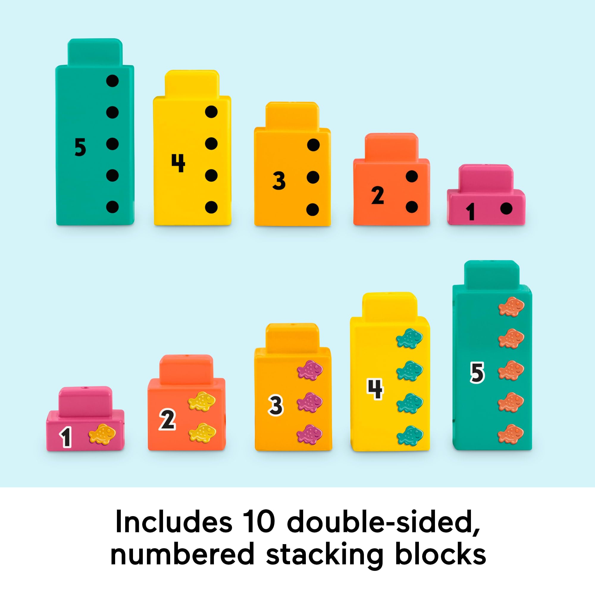 Fisher-Price colorful number blocks stimulate visual learning during pretend math play.