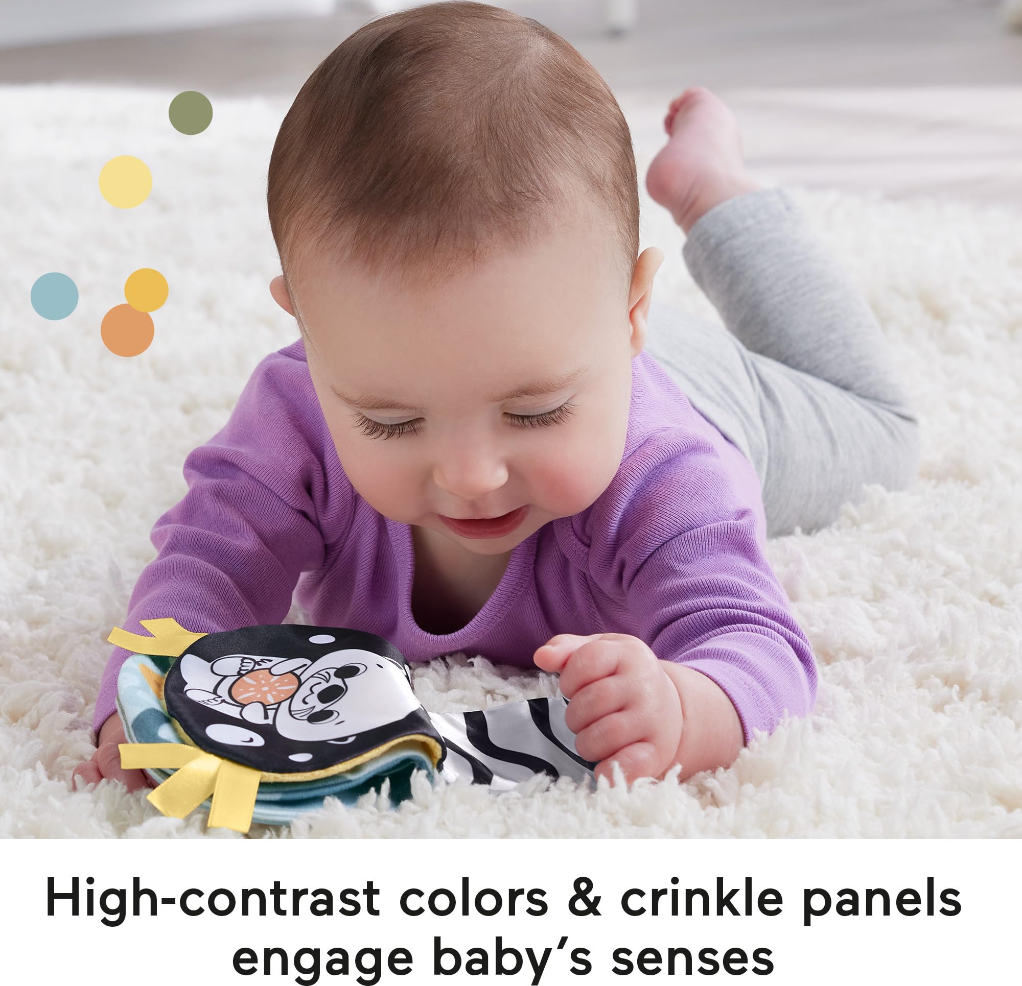 Fisher-Price crinkle panel pages in the book for tactile engagement