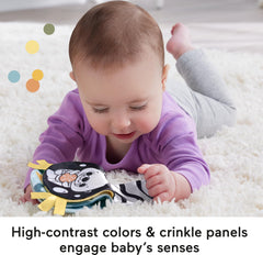 Fisher-Price crinkle panel pages in the book for tactile engagement