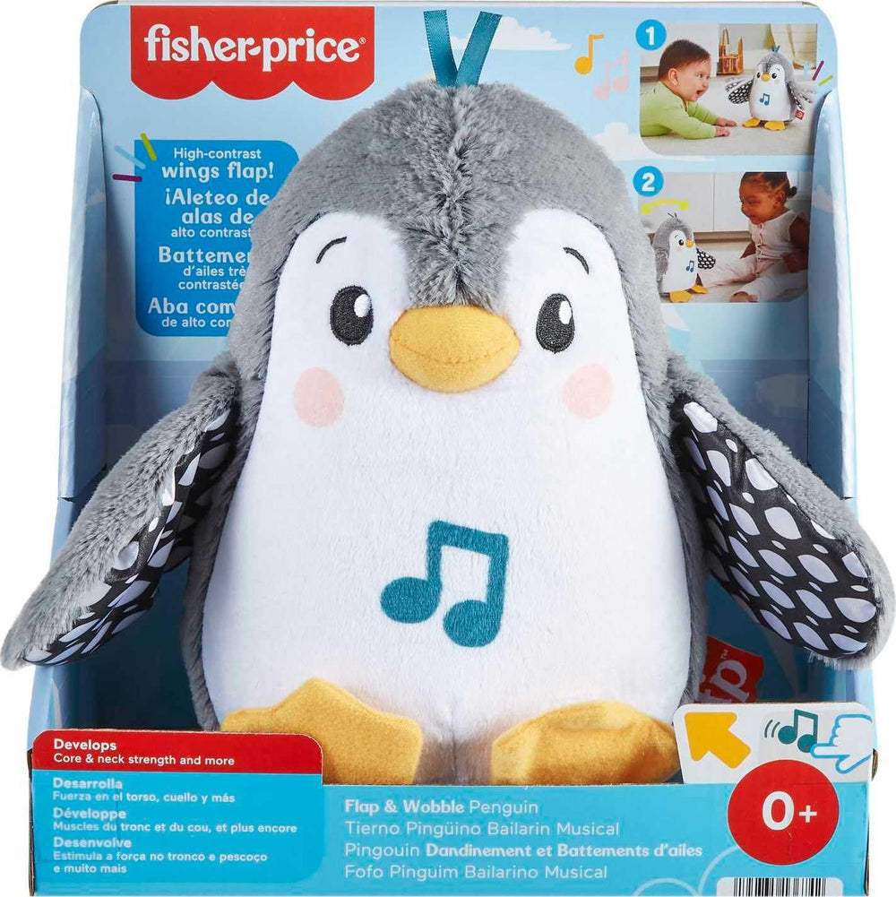 Fisher-Price penguin toy featuring crinkly feet and interactive sound feedback.