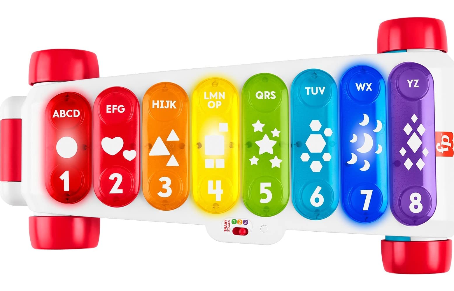 Fold-under handle keeps the Fisher-Price xylophone compact for storage.