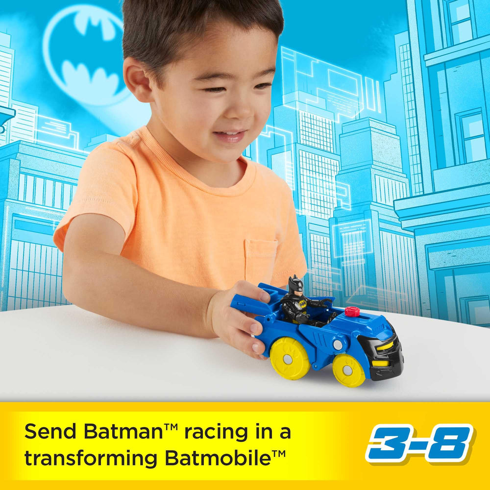 Batman helmet shifts into Batmobile for dynamic, push-along adventures.