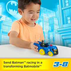 Batman helmet shifts into Batmobile for dynamic, push-along adventures.