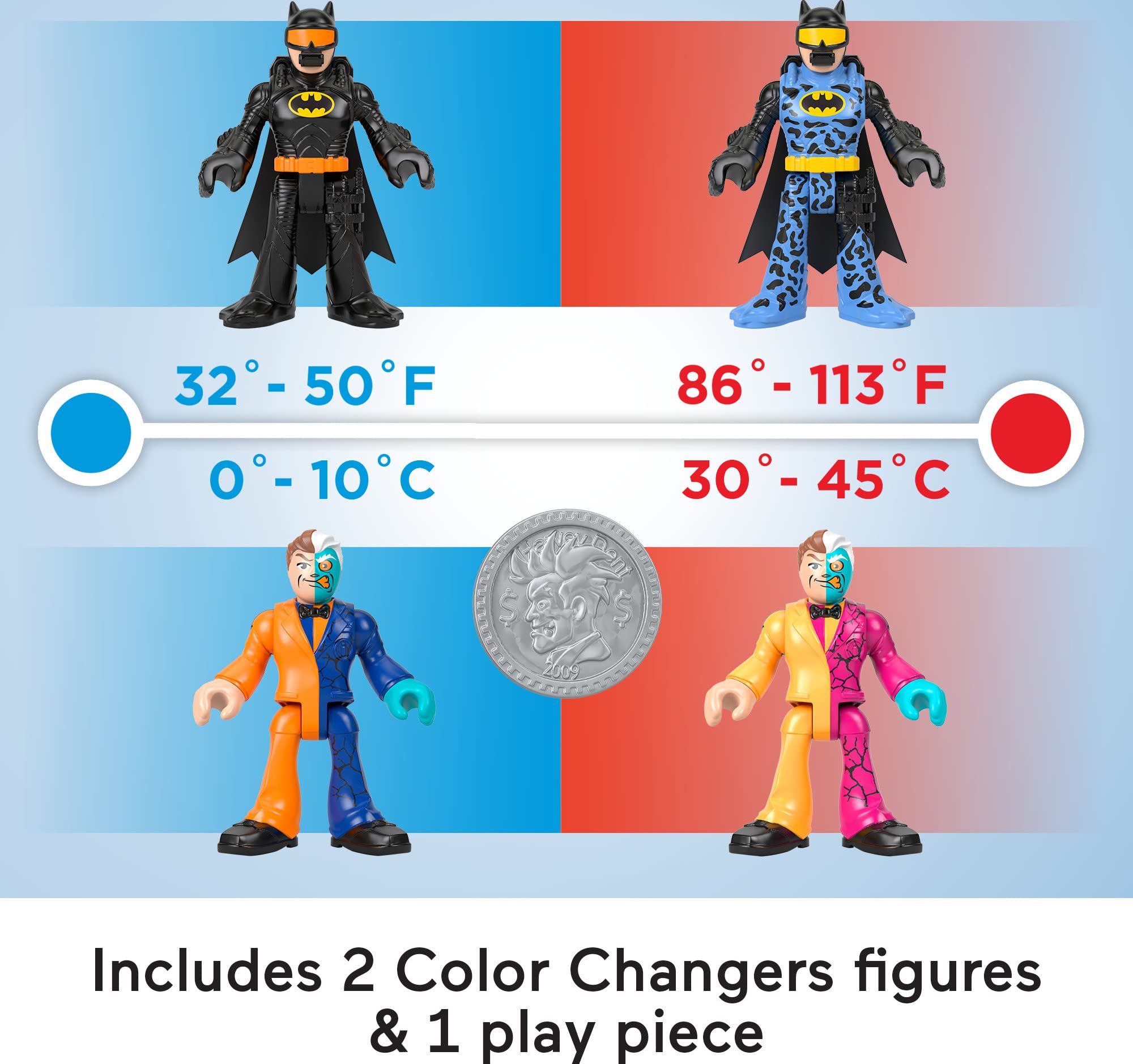 Fisher-Price Imaginext Batman and Two-Face poseable figures enable dynamic storytelling.