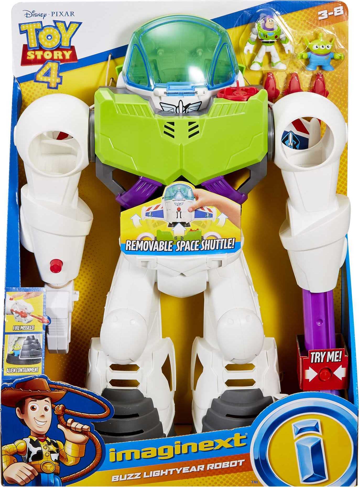 Fisher-Price Imaginext Buzz Lightyear and space alien figures support storytelling.