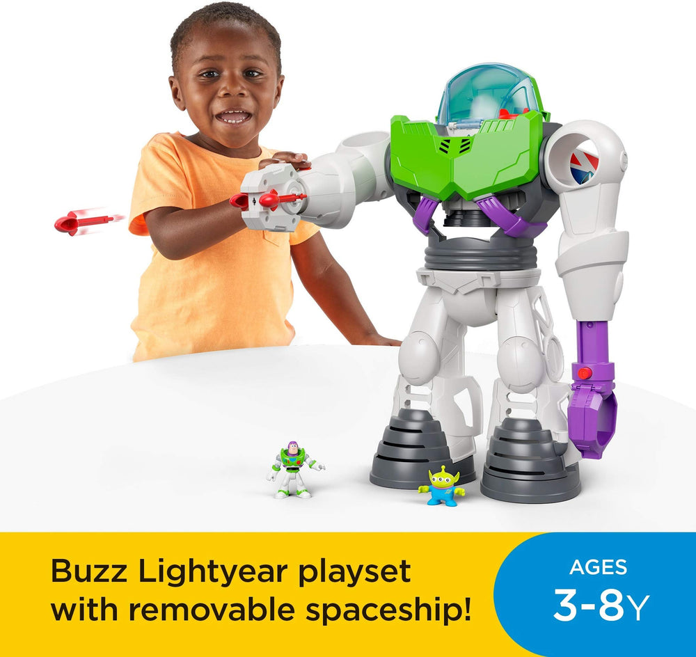 Fisher-Price Imaginext Buzz Lightyear wings activated by Power Pad for dramatic launches.