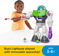 Fisher-Price Imaginext Buzz Lightyear wings activated by Power Pad for dramatic launches.