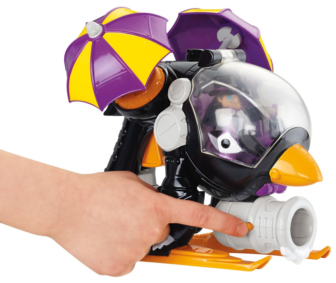 Fisher-Price Imaginext Penguin Copter shows spinning umbrellas for action-packed pretend play.