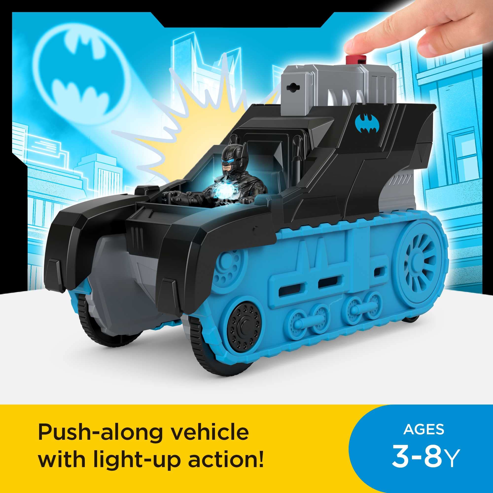 Bat-Tech Tank cockpit action with Batman lights chest during launches.