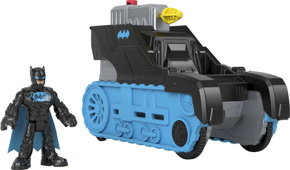 Fisher-Price Imaginext Bat-Tech Tank front view with Batman, imagination for Gotham adventures.