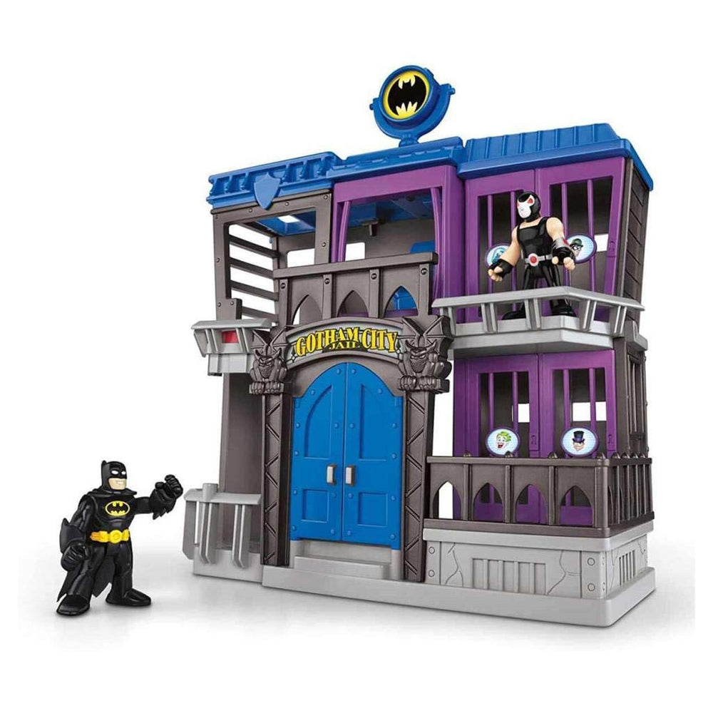 Fisher-Price Imaginext Batman figure ready for action in Gotham City Jail during pretend play.