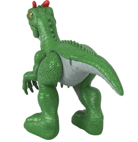 Fisher-Price Imaginext Allosaurus play-demo encouraging storytelling in a Jurassic World setting.