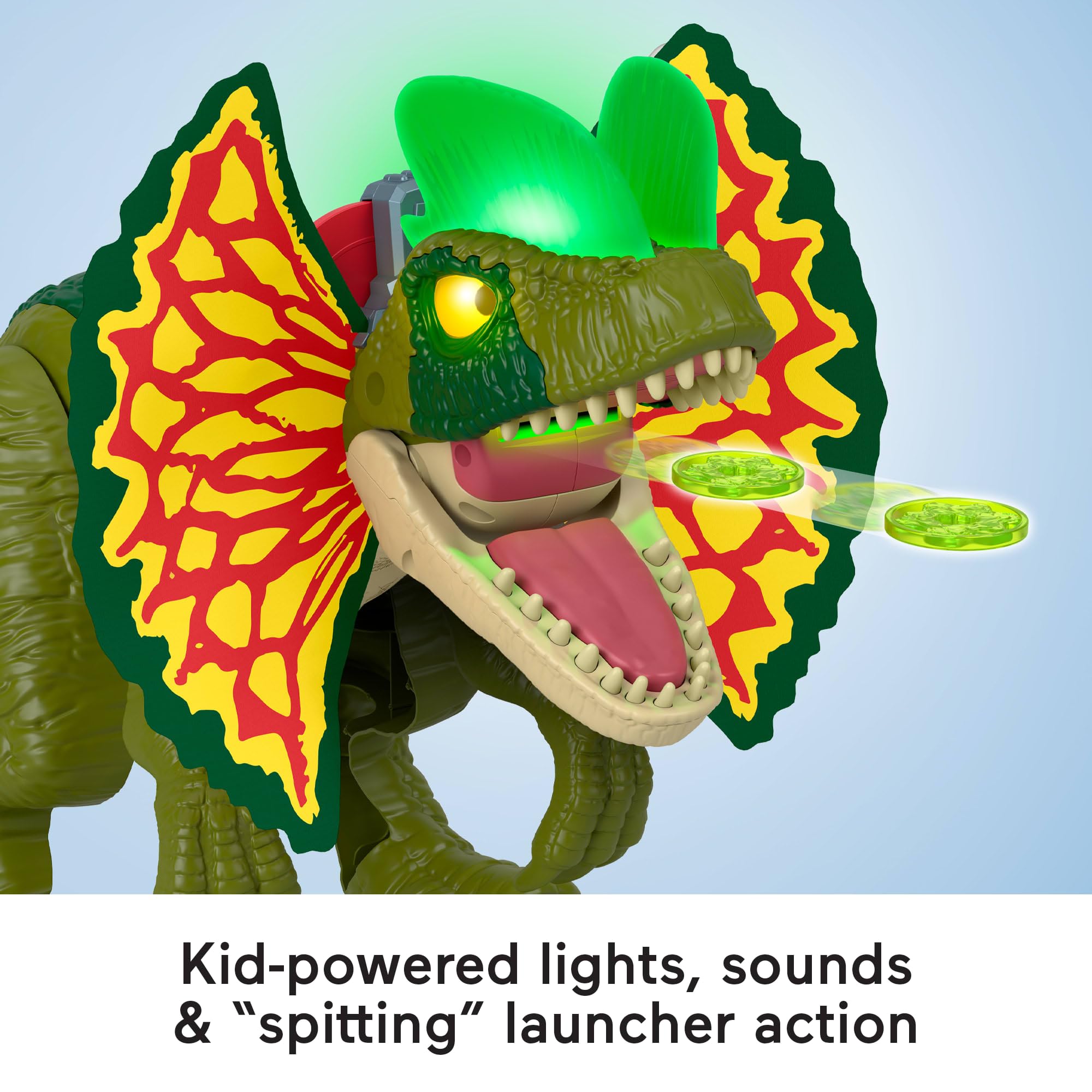 Fisher-Price Imaginext Dilophosaurus frills light up during play.
