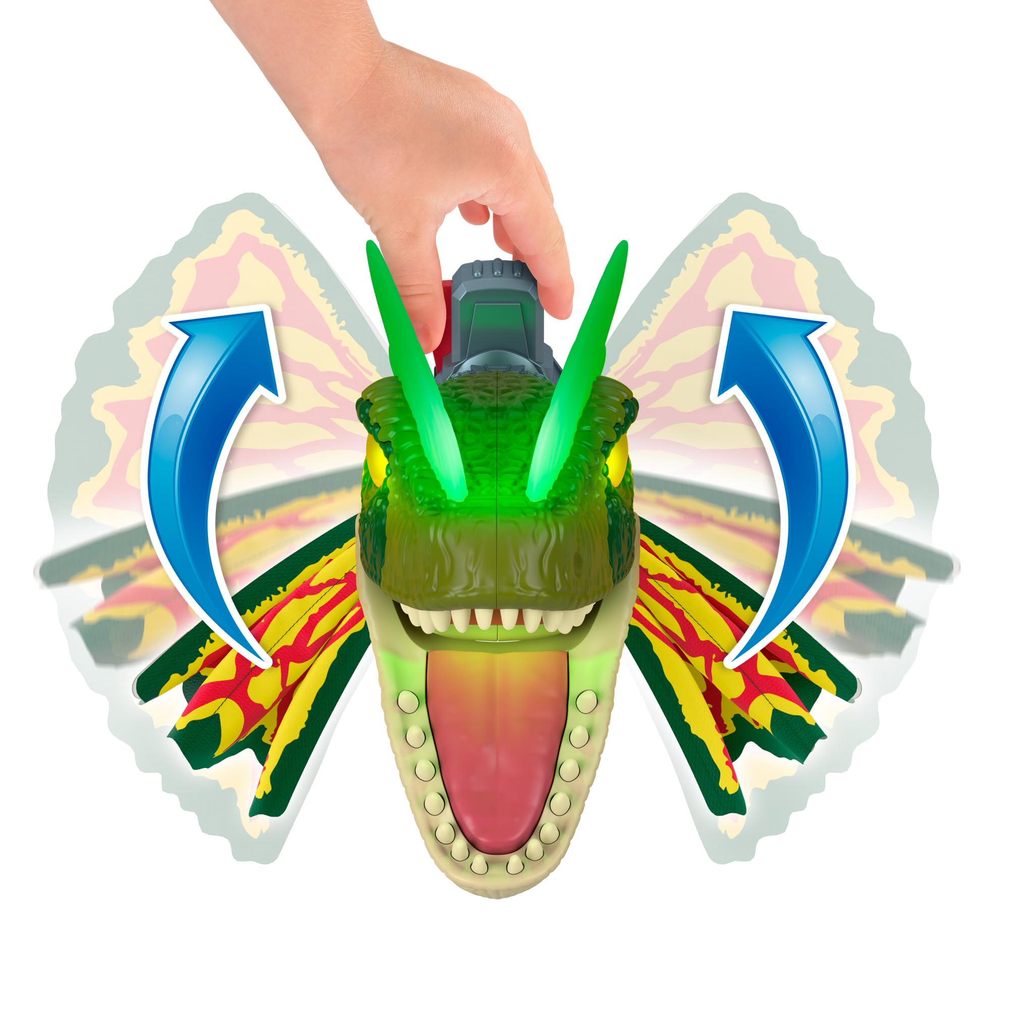 Fisher-Price Imaginext Dilophosaurus stands over 16 inches tall for big pretend adventures.