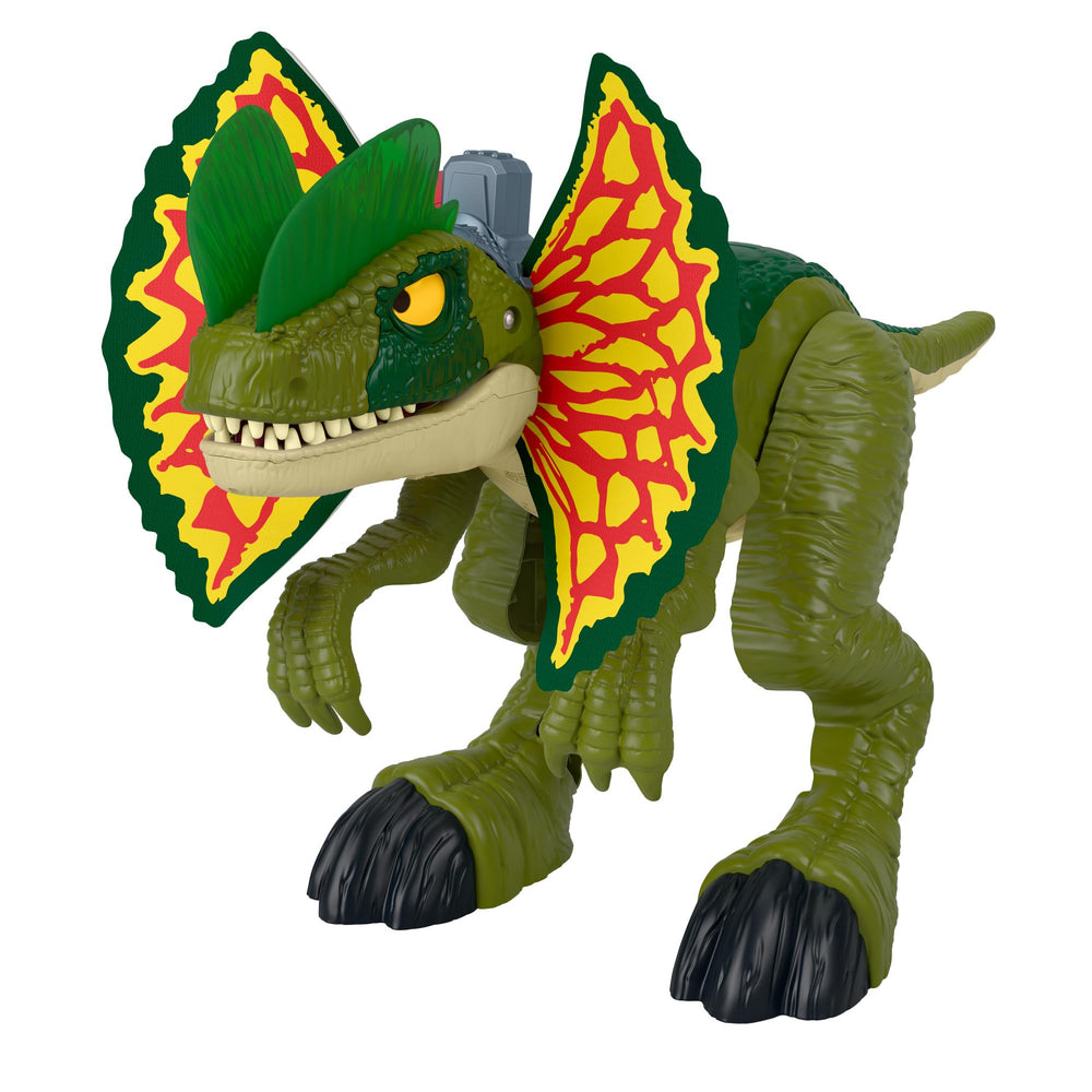 Fisher-Price Imaginext Jurassic World Dilophosaurus lights and sounds for immersive pretend play.