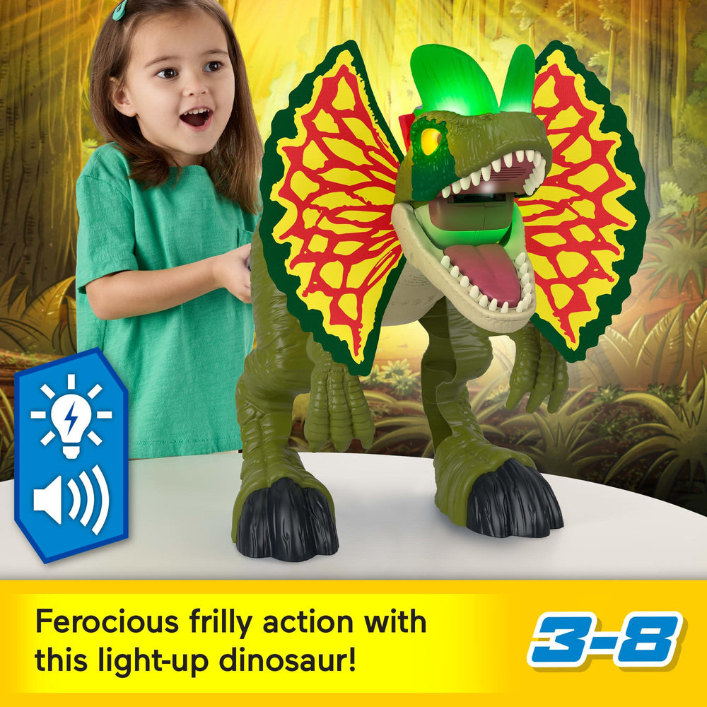 Fisher-Price Imaginext Dilophosaurus mouth action enhances interactive storytelling.