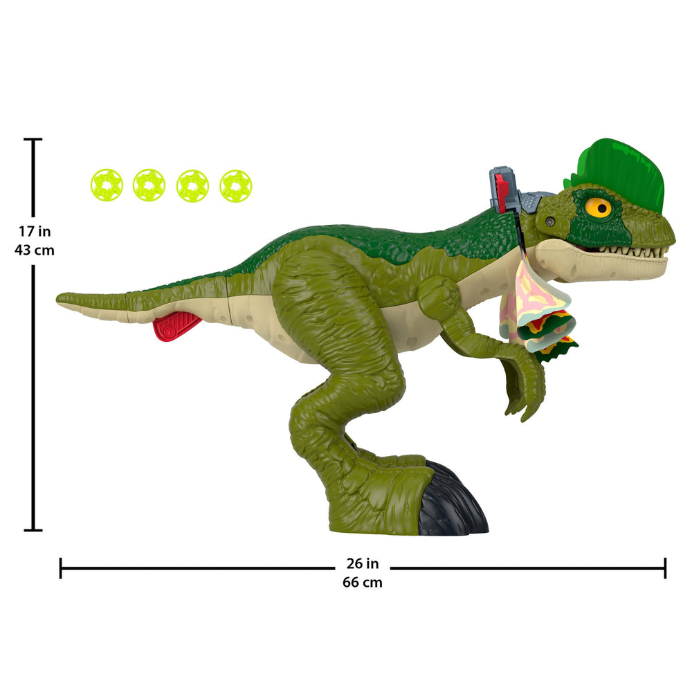 Fisher-Price Imaginext Jurassic World Dilophosaurus includes four projectile discs.