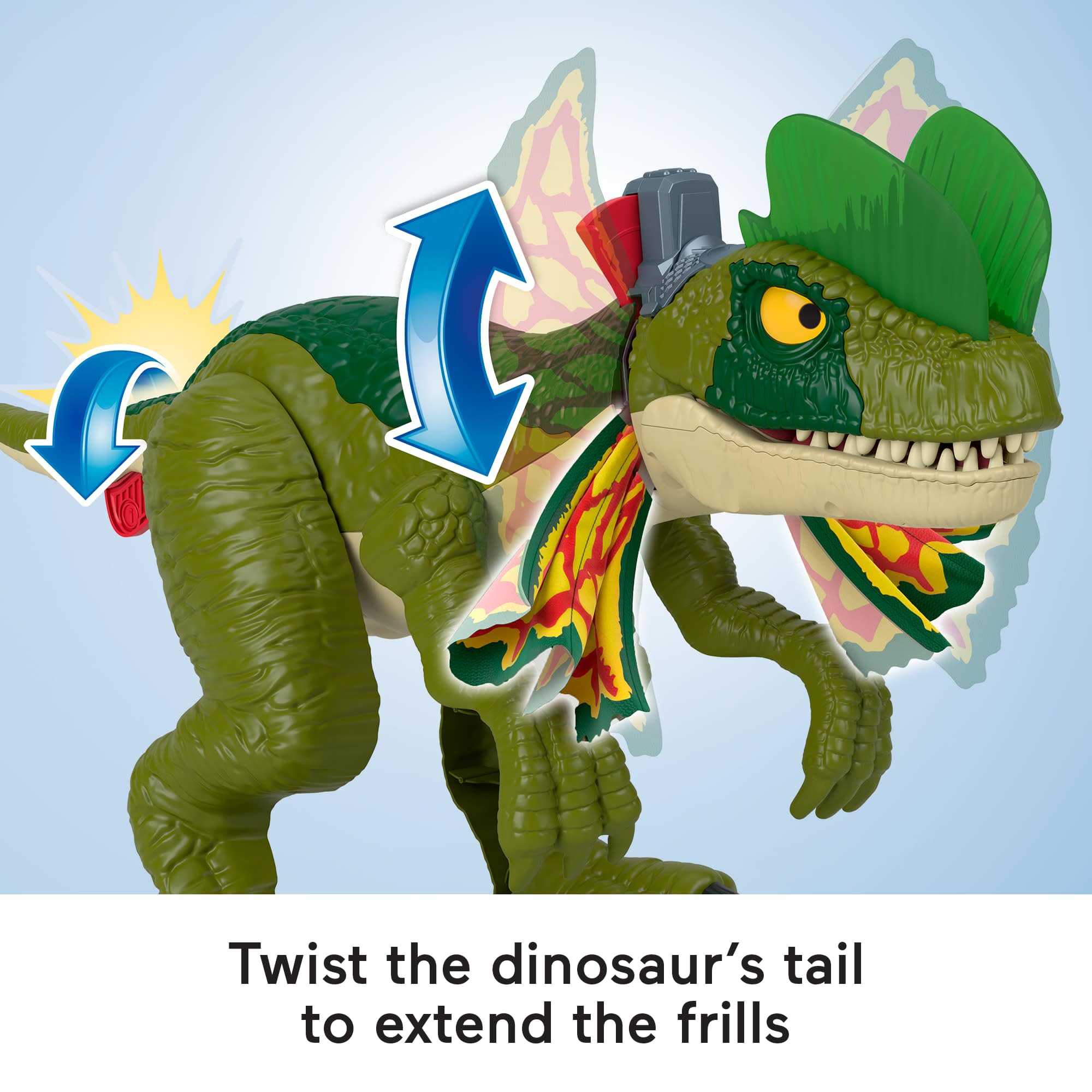 Fisher-Price Imaginext Jurassic World Dilophosaurus tail trigger launches projectiles.