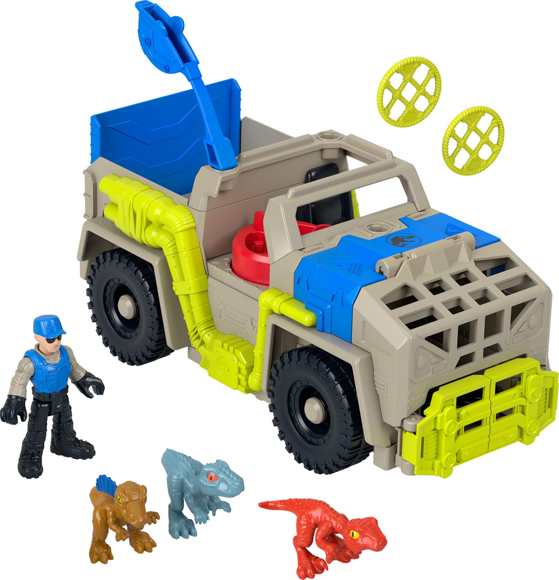 Fisher-Price Imaginext Jurassic World dino truck on track for pretend adventures