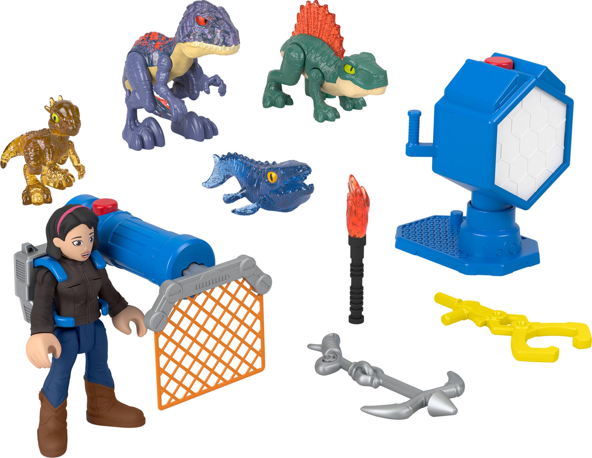 Fisher-Price Imaginext Jurassic World Evo-Scanner glows dino details during pretend play.