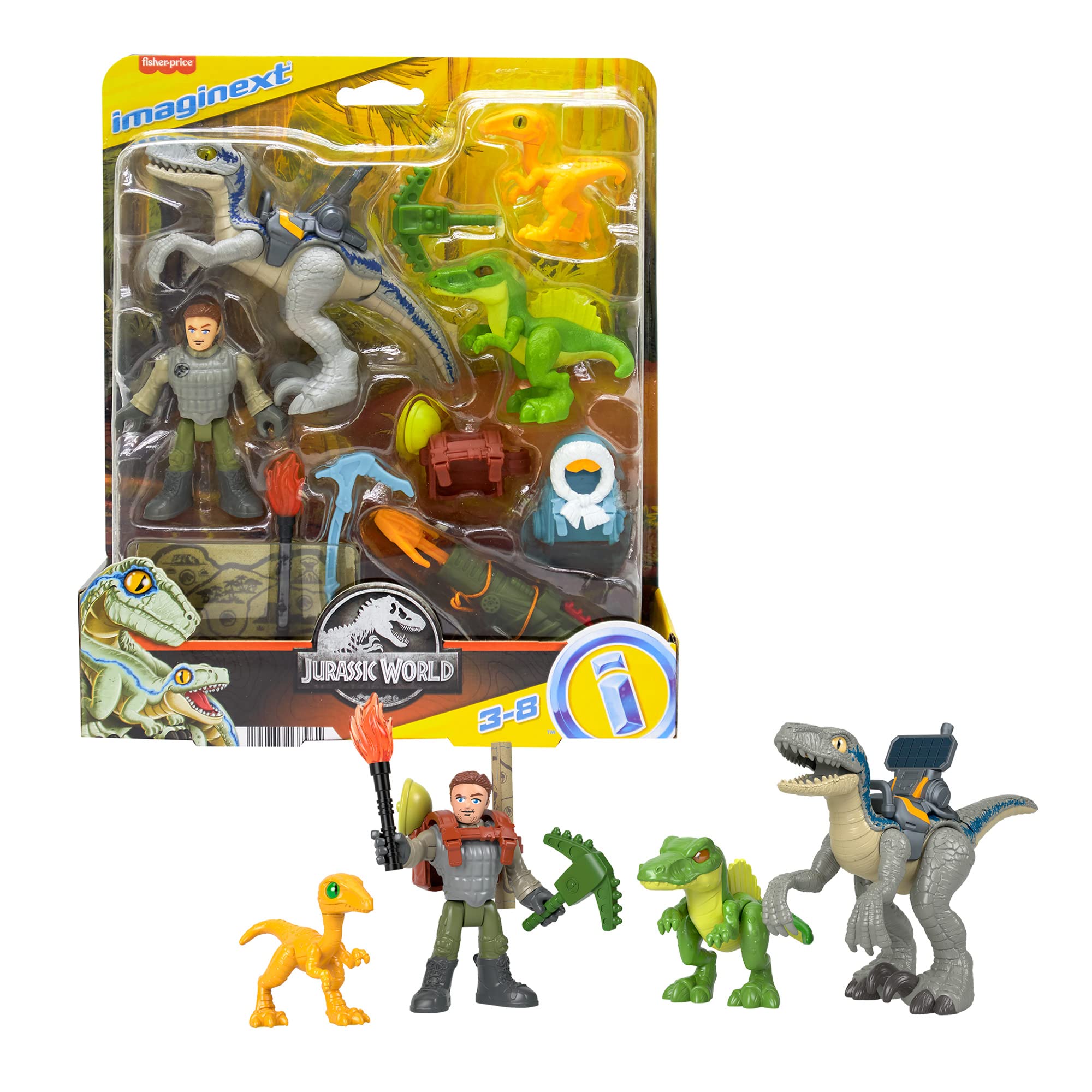 Fisher-Price Imaginext Owen Grady figure with Blue the Raptor for imaginative dinosaur adventures