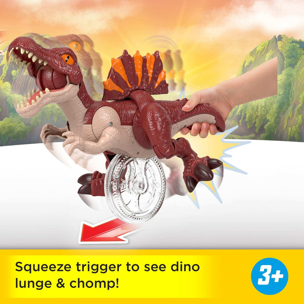 Fisher-Price Imaginext Spinosaurus with real-feel spine detail enhances tactile realism.