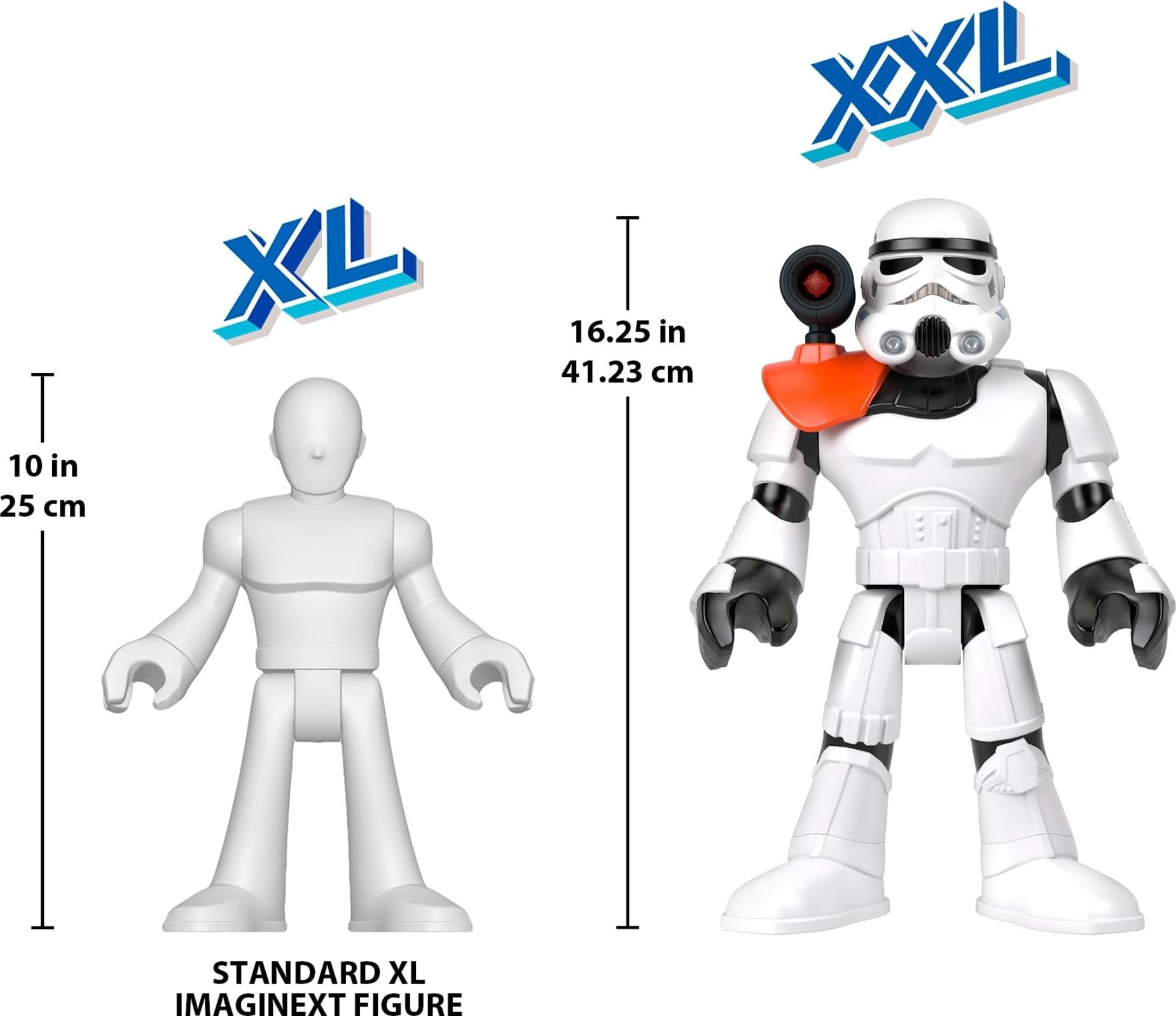 Fisher-Price Imaginext Star Wars Stormtrooper XXL figure with poseable arms enables dynamic battles.
